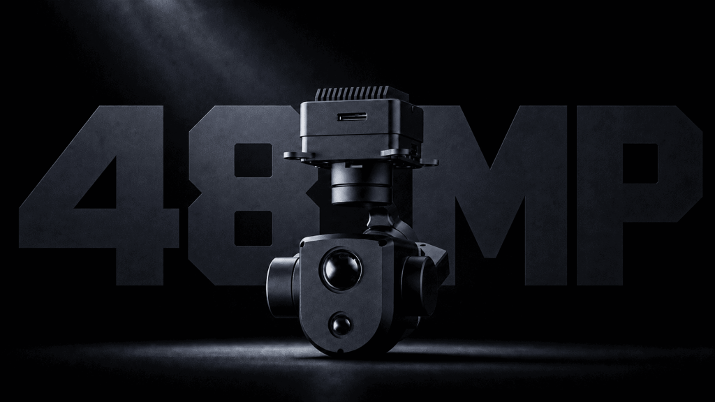 HEQ K11 Dual-sensor gimbal camera with 48MP camera feature on a dark background