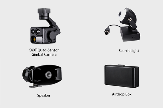 A list of competible parts for HEQ Machine E2 UAV Platform including k40t quad-sensor gimbal cameras, search light, speaker, and airdrop box
