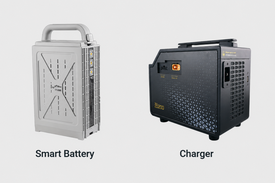 Smart battery and a battery charger on grey background