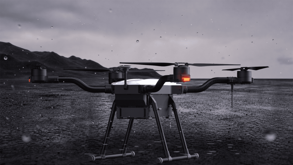 HEQ Machine-2 quadcopter uav platform in a rainning setting showing its waterproof feature