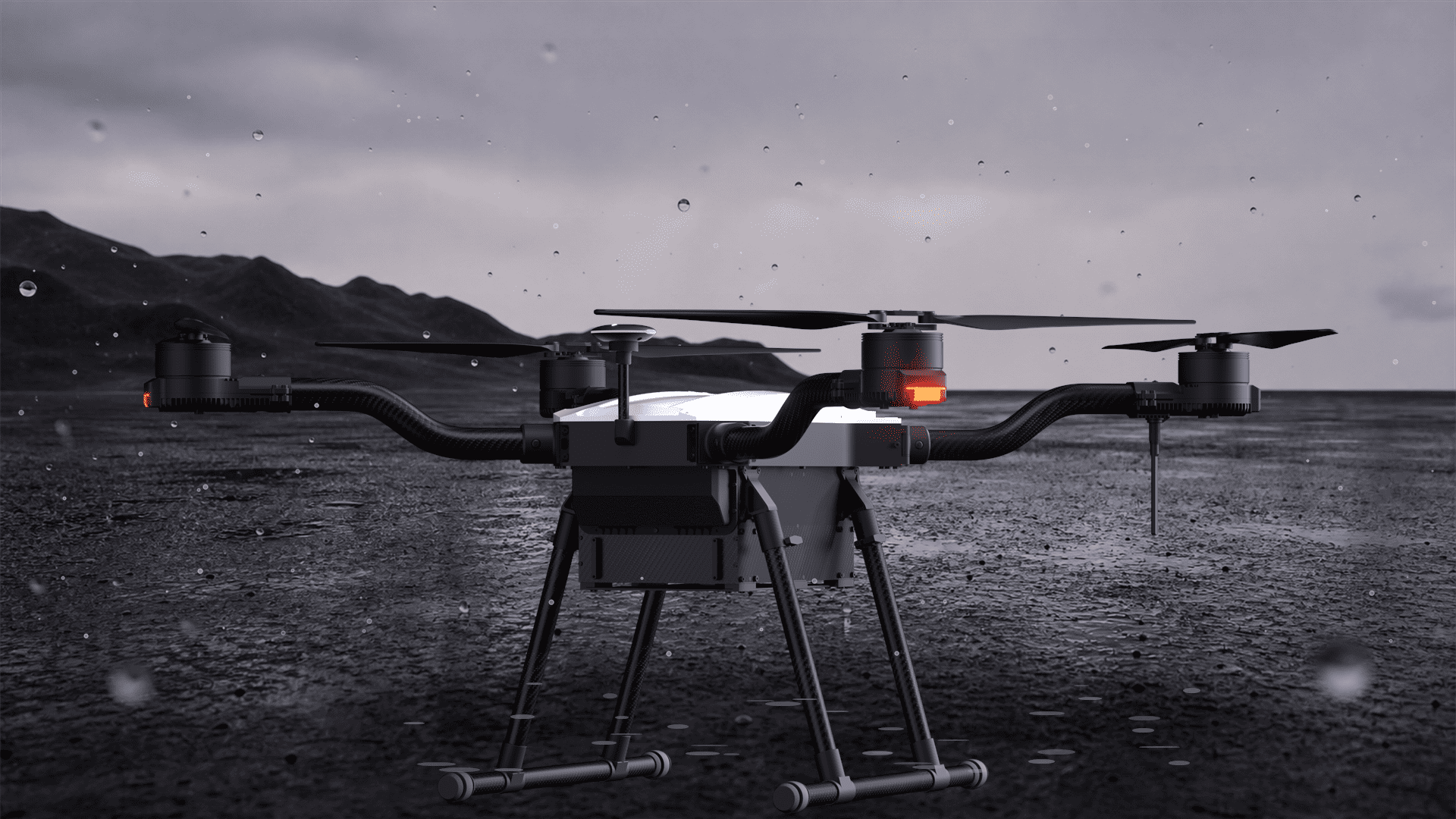 HEQ Machine-2 quadcopter uav platform in a rainning setting showing its waterproof feature