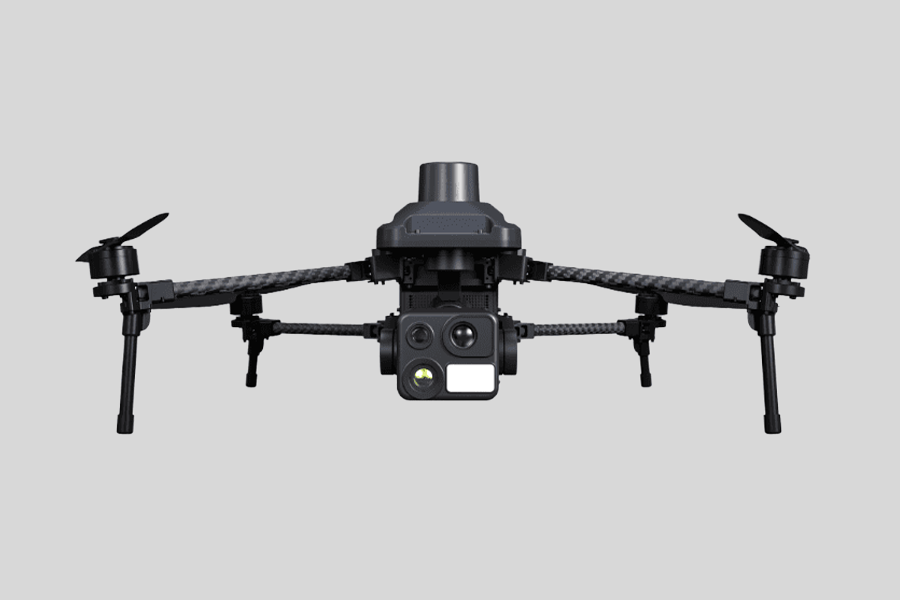 Front view of HEQ Nova quadcopter uav platform equipped with K40T Quad-sensor gimbal camera on a grey background