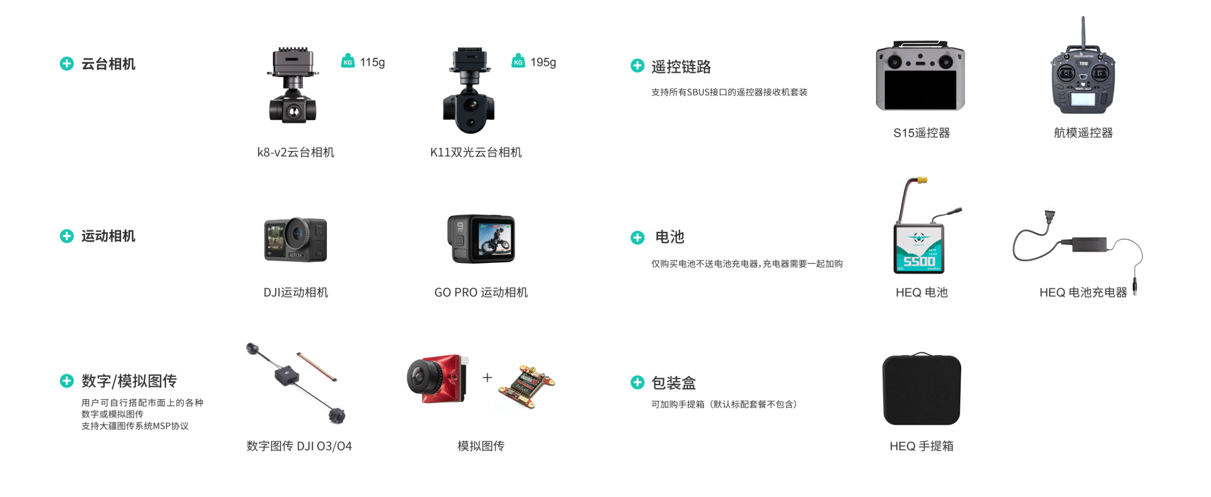 Swan K1 Pro PNP competible parts showcase including heq gimbal cameras, action cameras, digital image transmission, remote controllers