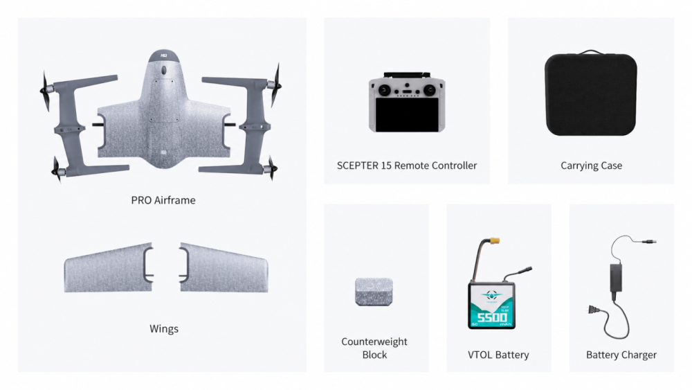 Swan K1 Pro packaging list including airframe, wings, scepter 15 remote controller, carrying case, weight block, VTOL battery and a battery charger.