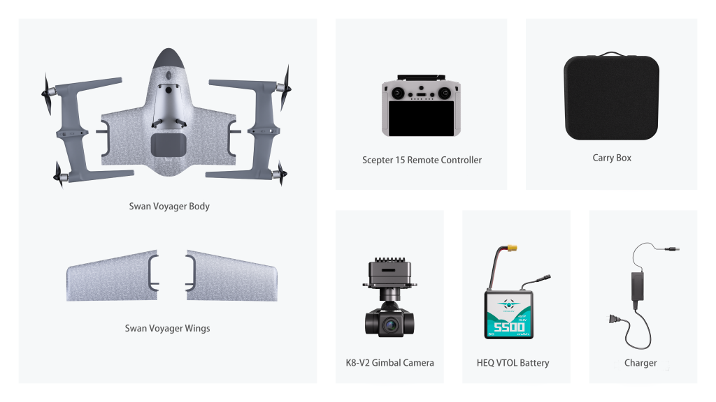 Swan Voyager packaging list including airframe, wings, K8-V2 gimbal camera, scepter 15 remote controller, carrying case, VTOL battery and a battery charger.