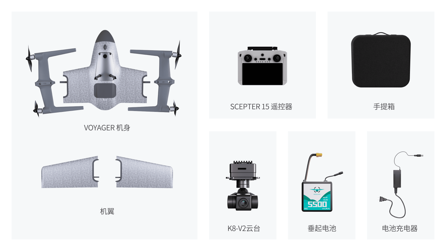 Swan Voyager packaging list including airframe, wings, K8-V2 gimbal camera, scepter 15 remote controller, carrying case, VTOL battery and a battery charger.