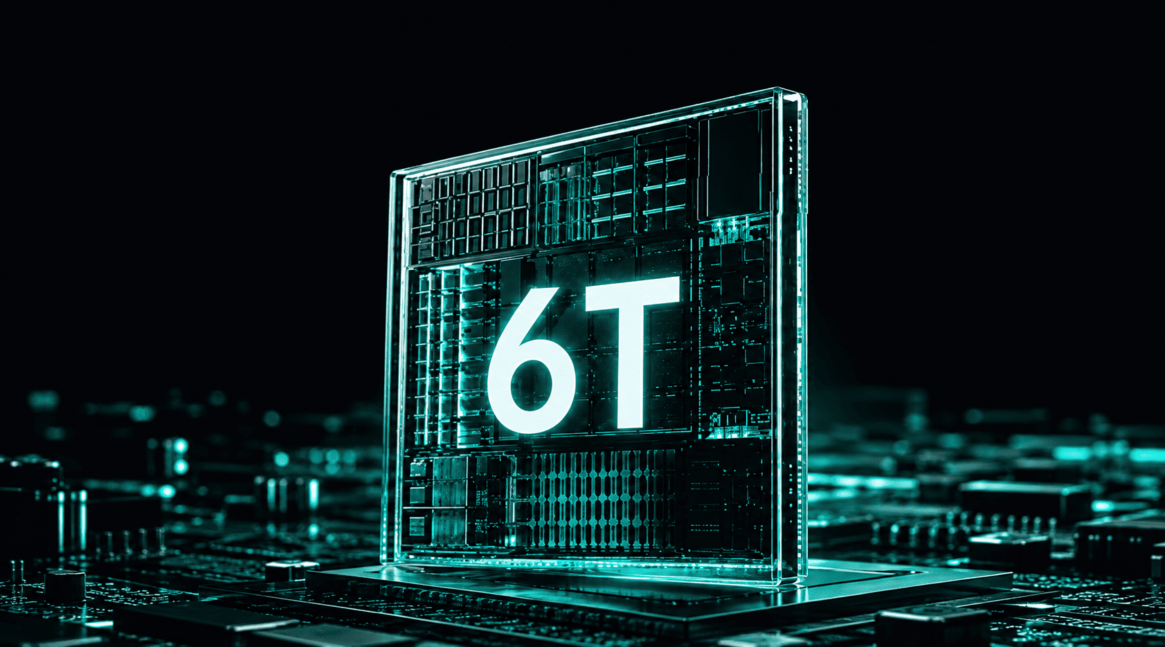 A neon green and black computing chip of 6T power standing on top of a electronical board