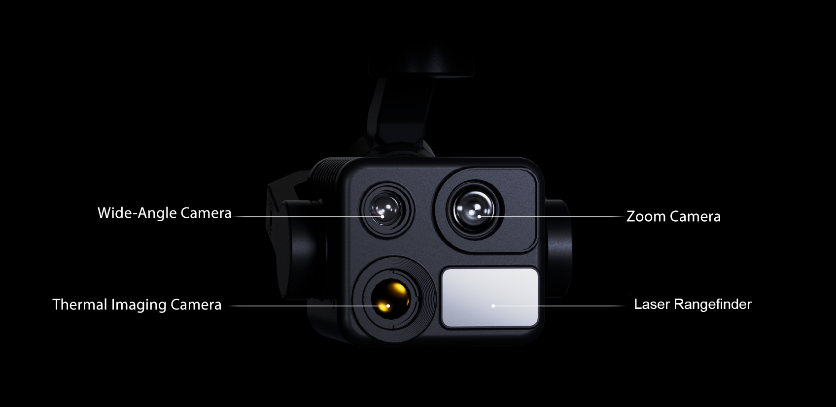 HEQ K40T quad-sensor gimbal camera key parts including wide-angle camera, telephoto camera, thermal imaging camera and laser rangefinder