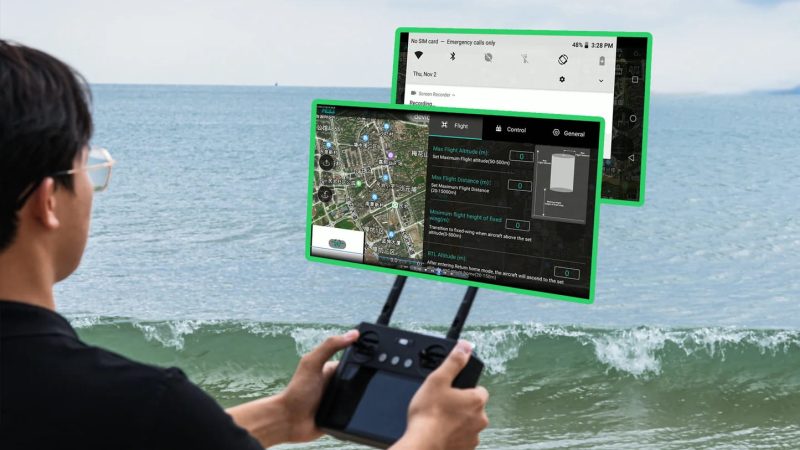 A person demonstrating scepter 15 remote controller to comand HEQ UAV platform through HEQ Fly app